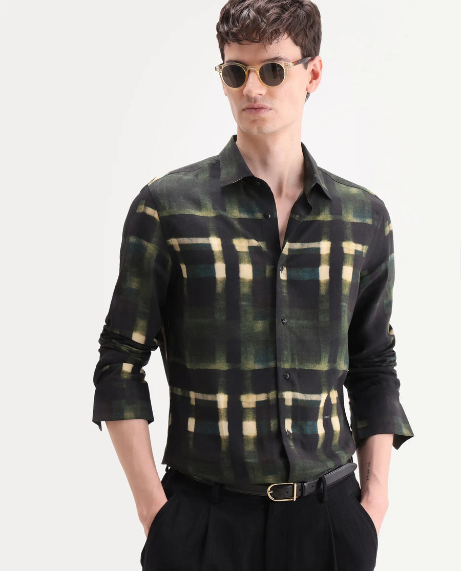 Rare Rabbit Men's Voss Green Viscose Fabric Full Sleeve Spread Collar Regular Abstract Print Shirt