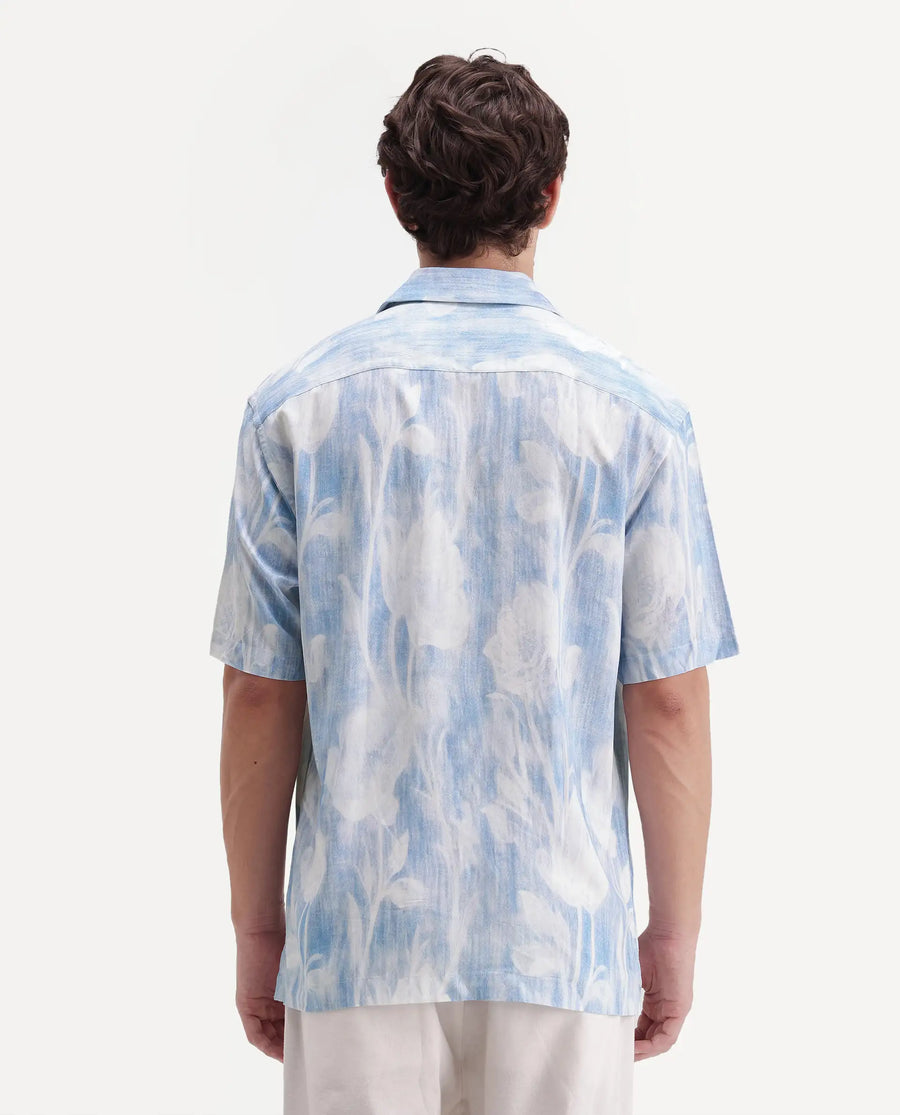 Rare Rabbit Men's Oyse White Viscose Fabric Half Sleeve Cuban Collar Regular Abstract Print Shirt