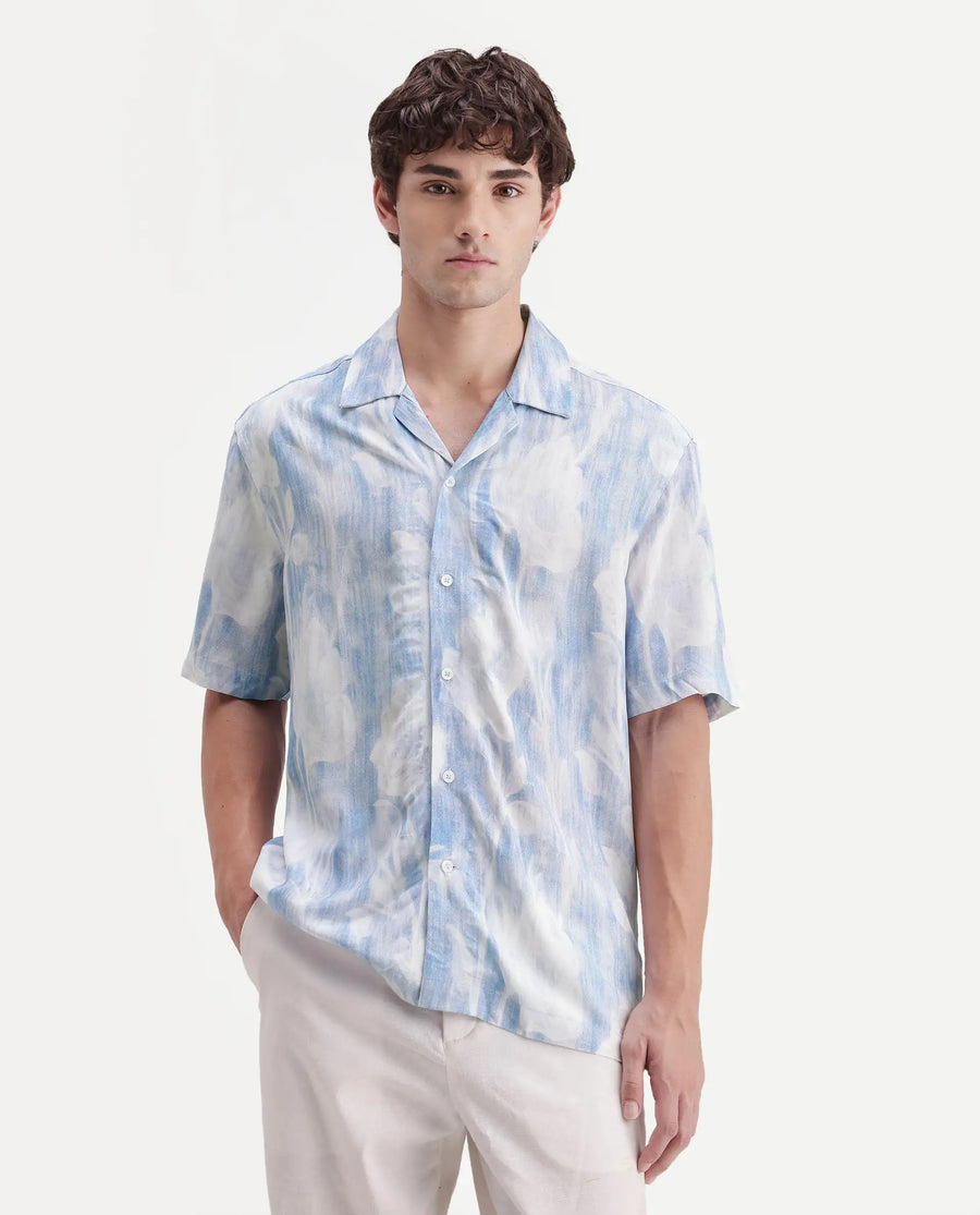 Rare Rabbit Men's Oyse White Viscose Fabric Half Sleeve Cuban Collar Regular Abstract Print Shirt