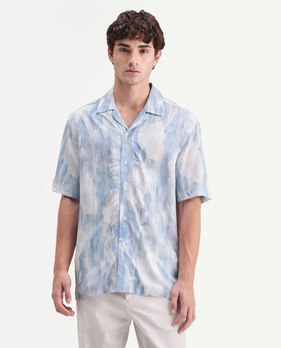 Rare Rabbit Men's Oyse White Viscose Fabric Half Sleeve Cuban Collar Regular Abstract Print Shirt