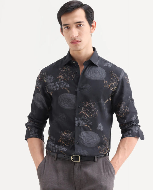 Rare Rabbit Men's Sloy Black Viscose Fabric Full Sleeve Spread Collar Regular Floral Print Shirt
