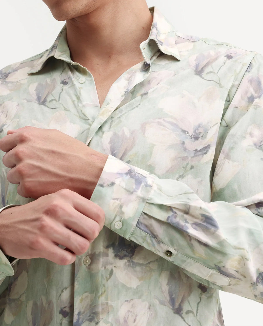 Rare Rabbit Men's Flows Off White Viscose Fabric Full Sleeve Spread Collar Regular Floral Print Shirt