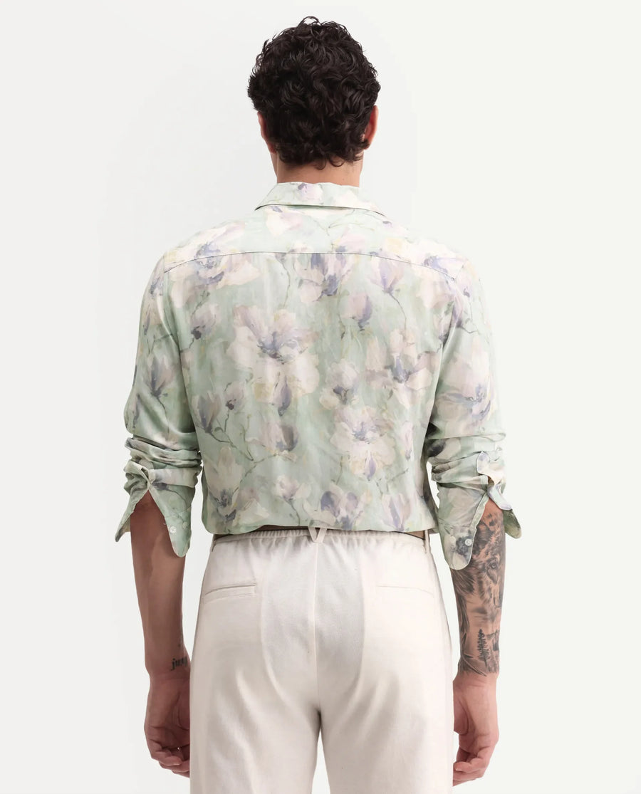 Rare Rabbit Men's Flows Off White Viscose Fabric Full Sleeve Spread Collar Regular Floral Print Shirt