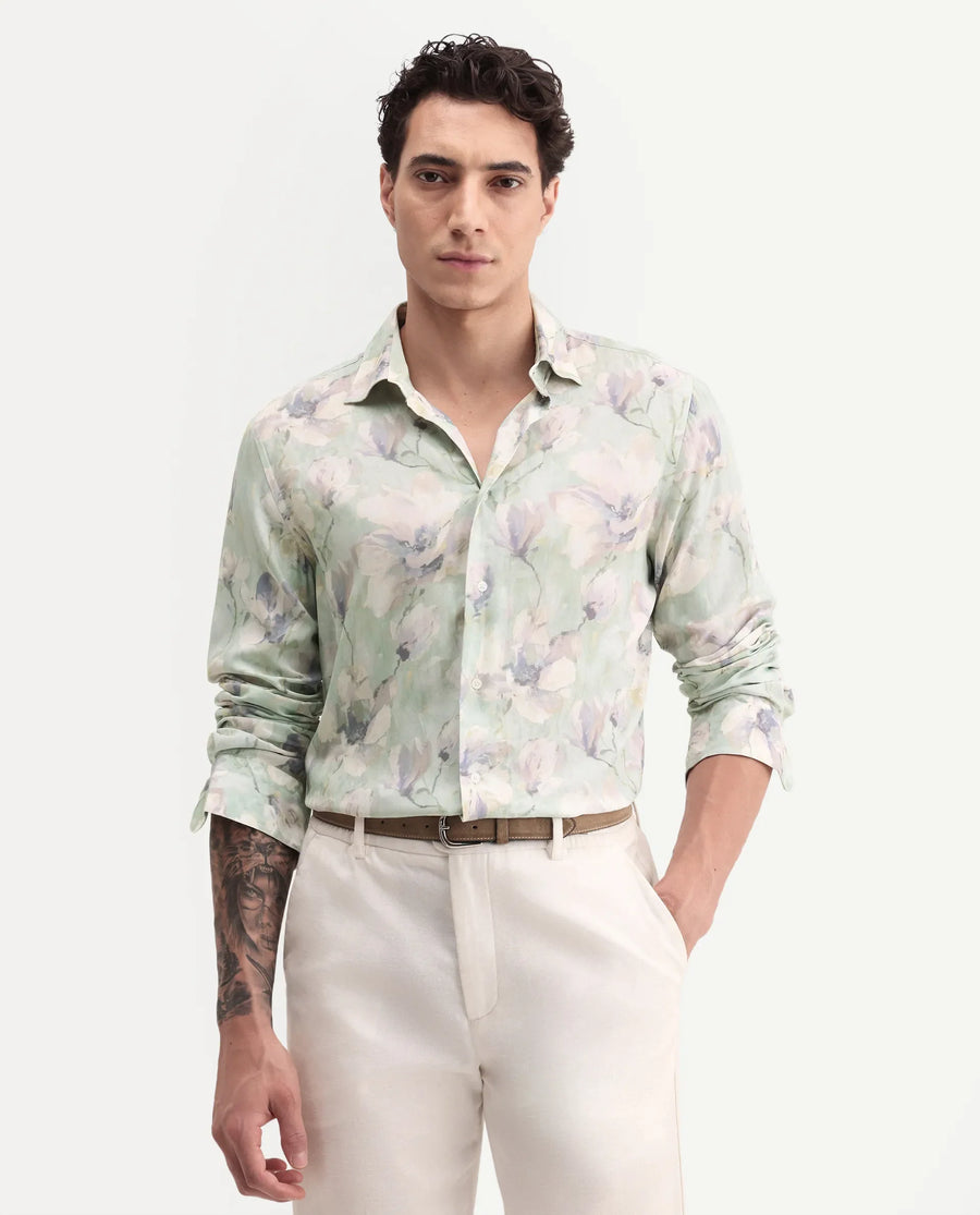 Rare Rabbit Men's Flows Off White Viscose Fabric Full Sleeve Spread Collar Regular Floral Print Shirt
