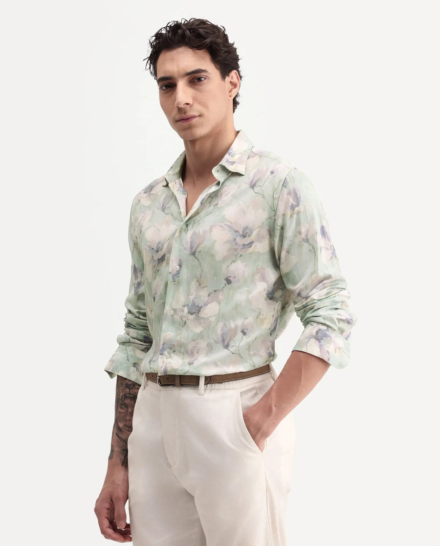Rare Rabbit Men's Flows Off White Viscose Fabric Full Sleeve Spread Collar Regular Floral Print Shirt