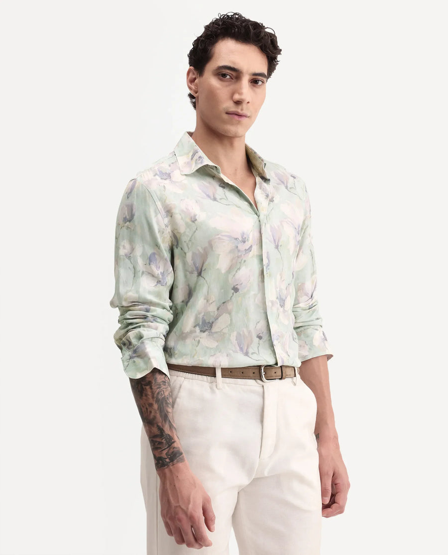 Rare Rabbit Men's Flows Off White Viscose Fabric Full Sleeve Spread Collar Regular Floral Print Shirt