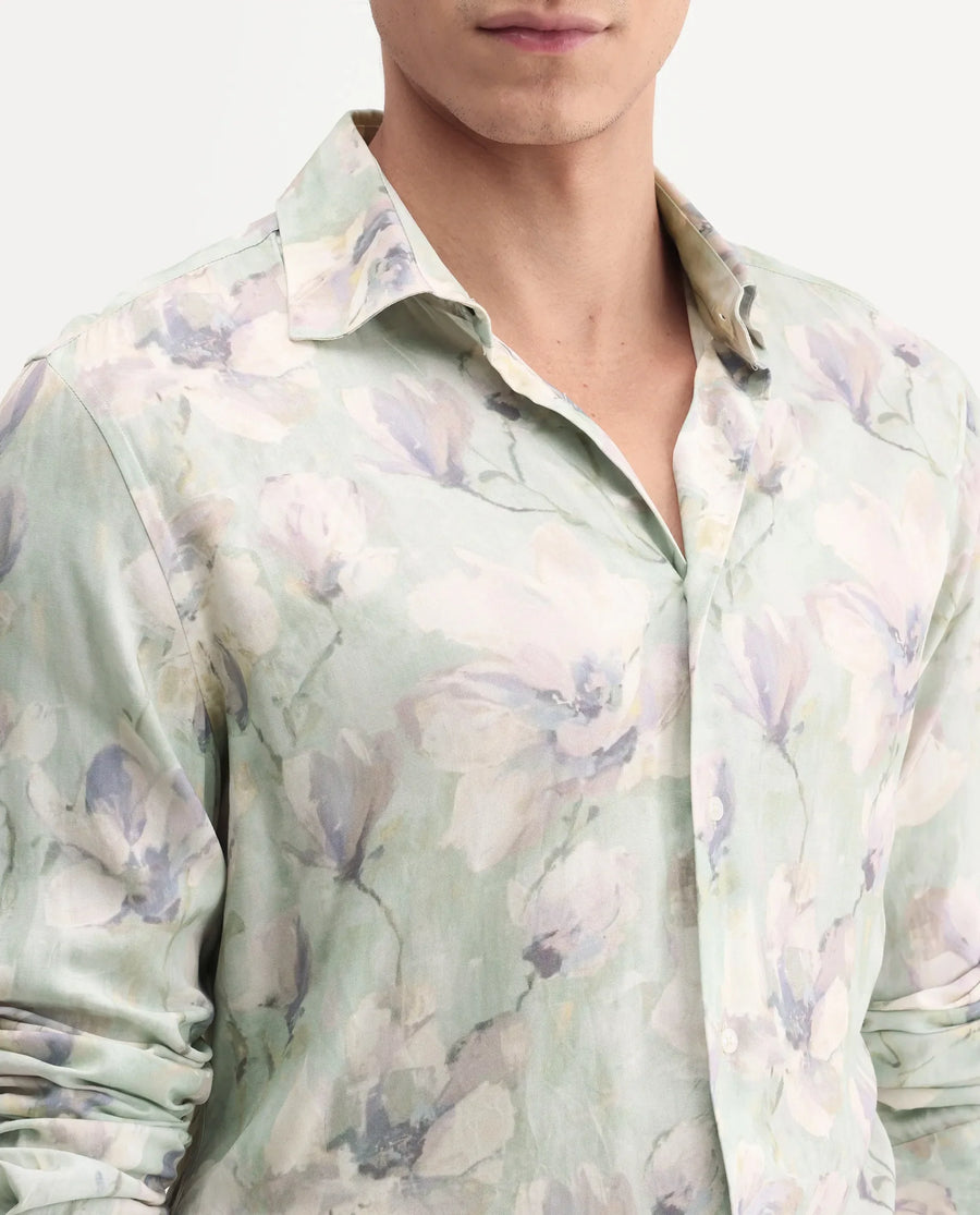 Rare Rabbit Men's Flows Off White Viscose Fabric Full Sleeve Spread Collar Regular Floral Print Shirt