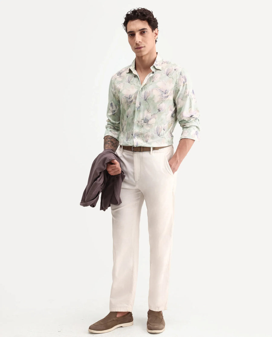 Rare Rabbit Men's Flows Off White Viscose Fabric Full Sleeve Spread Collar Regular Floral Print Shirt