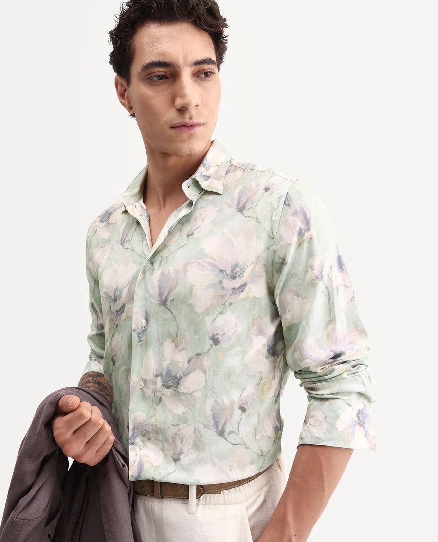 Rare Rabbit Men's Flows Off White Viscose Fabric Full Sleeve Spread Collar Regular Floral Print Shirt