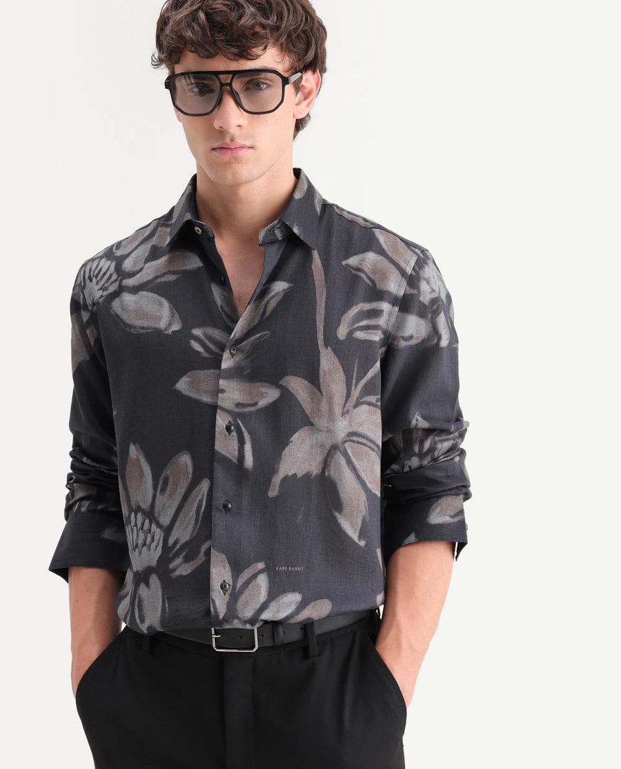 Rare Rabbit Men's Amzo Black Viscose Fabric Full Sleeve Spread Collar Regular Floral Print Shirt