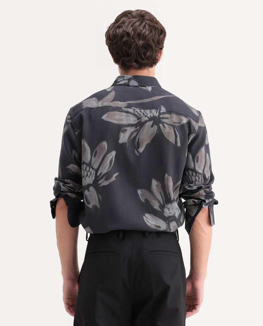 Rare Rabbit Men's Amzo Black Viscose Fabric Full Sleeve Spread Collar Regular Floral Print Shirt
