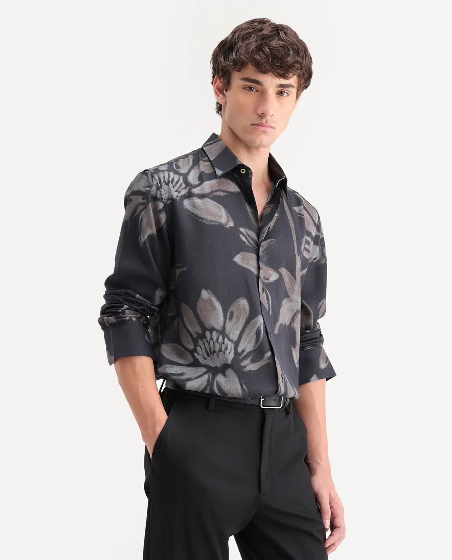 Rare Rabbit Men's Amzo Black Viscose Fabric Full Sleeve Spread Collar Regular Floral Print Shirt