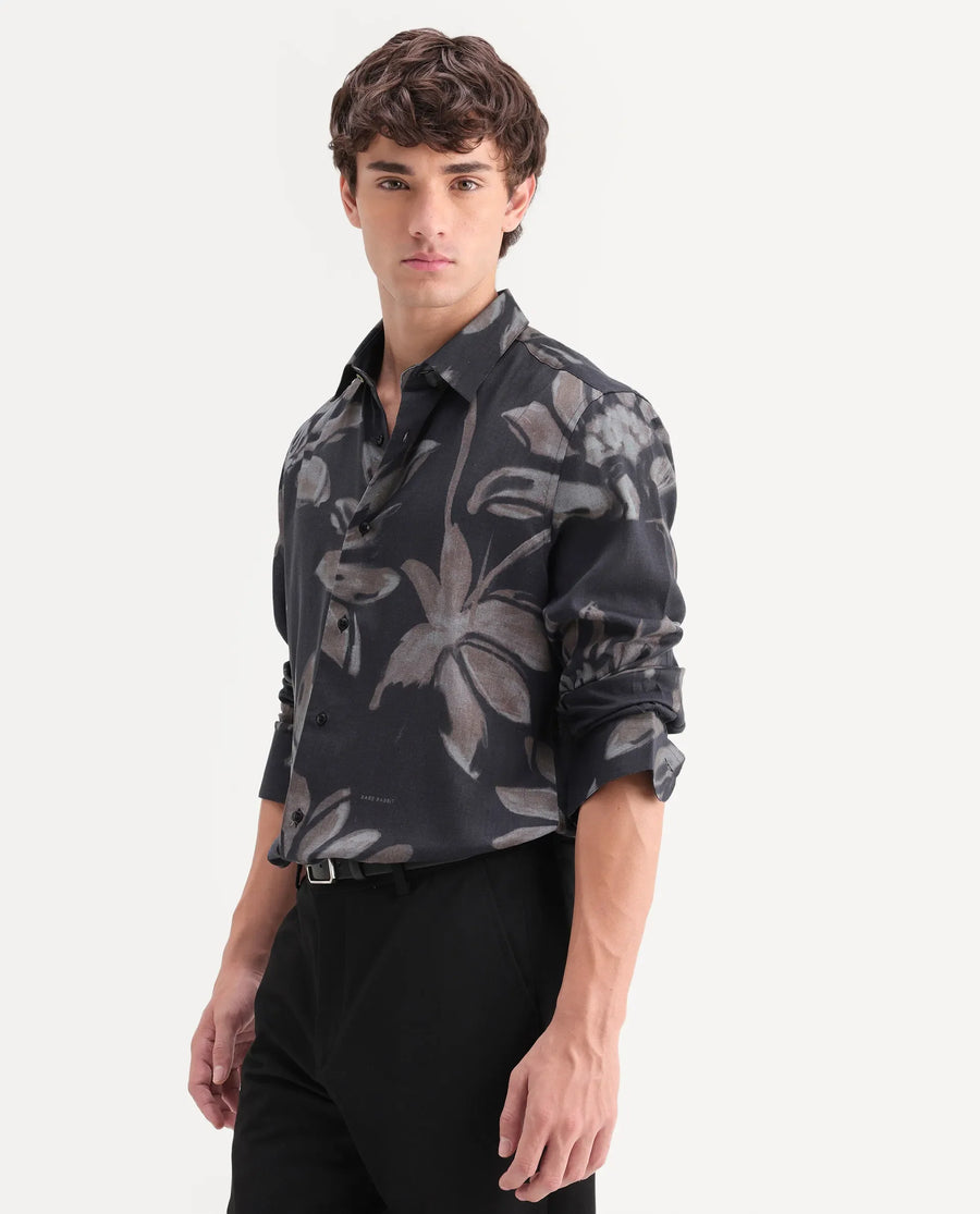Rare Rabbit Men's Amzo Black Viscose Fabric Full Sleeve Spread Collar Regular Floral Print Shirt