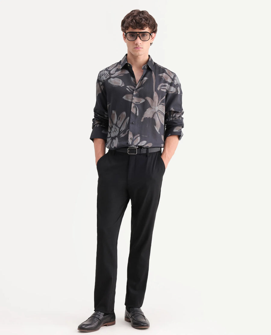 Rare Rabbit Men's Amzo Black Viscose Fabric Full Sleeve Spread Collar Regular Floral Print Shirt