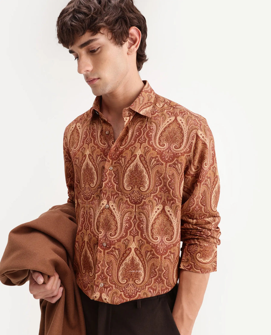 Rare Rabbit Men's Paiz Rust Viscose Fabric Full Sleeve Spread Collar Regular Paisley Print Shirt