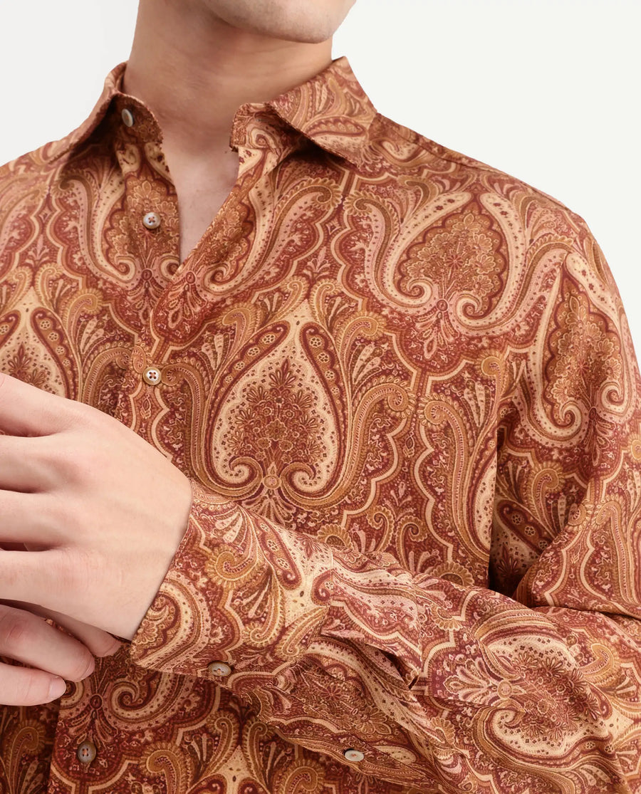 Rare Rabbit Men's Paiz Rust Viscose Fabric Full Sleeve Spread Collar Regular Paisley Print Shirt