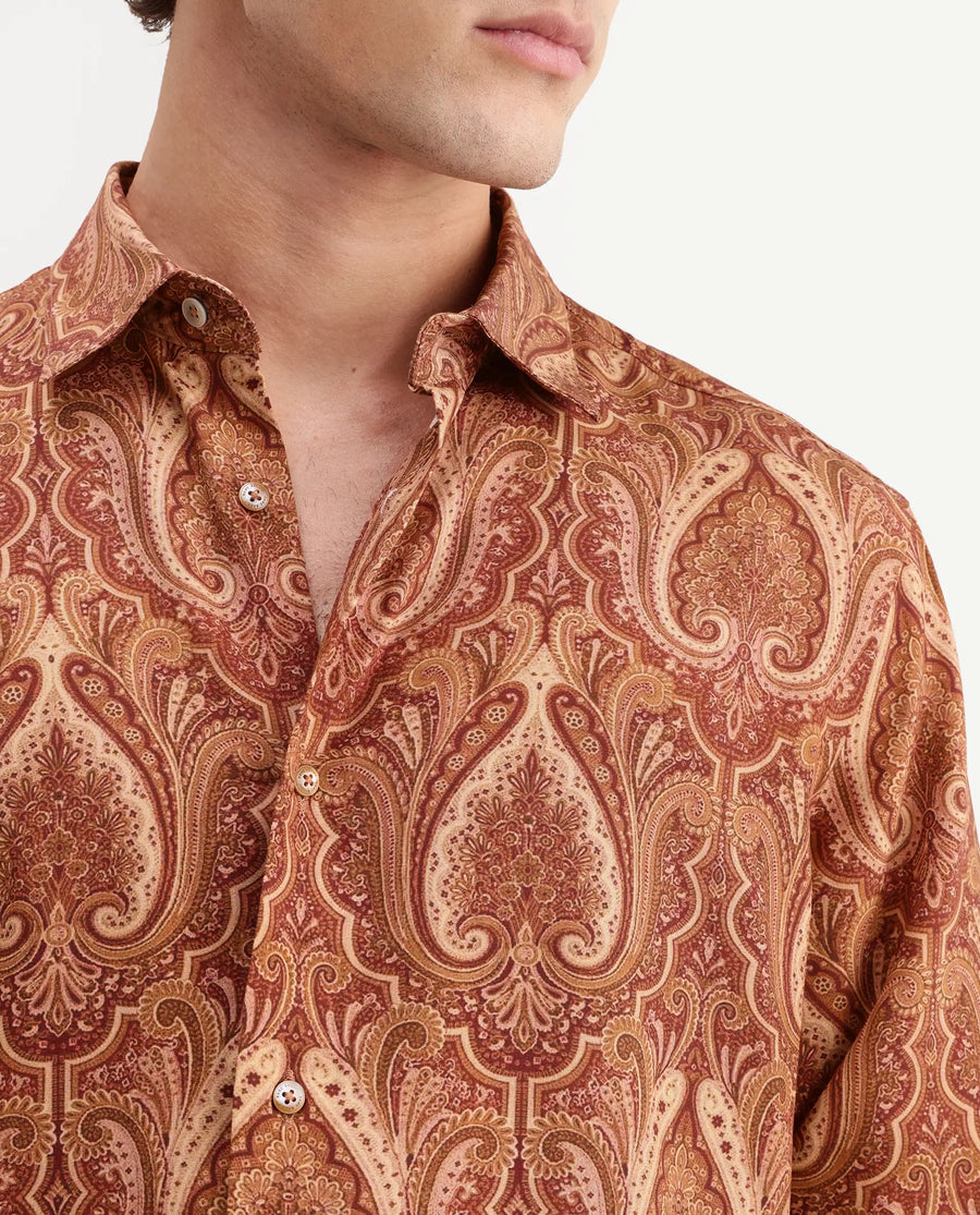 Rare Rabbit Men's Paiz Rust Viscose Fabric Full Sleeve Spread Collar Regular Paisley Print Shirt