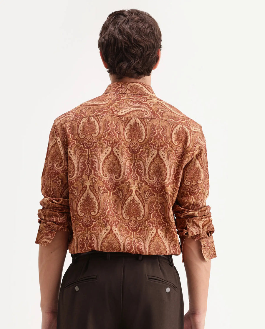 Rare Rabbit Men's Paiz Rust Viscose Fabric Full Sleeve Spread Collar Regular Paisley Print Shirt