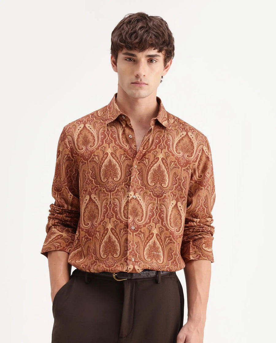 Rare Rabbit Men's Paiz Rust Viscose Fabric Full Sleeve Spread Collar Regular Paisley Print Shirt