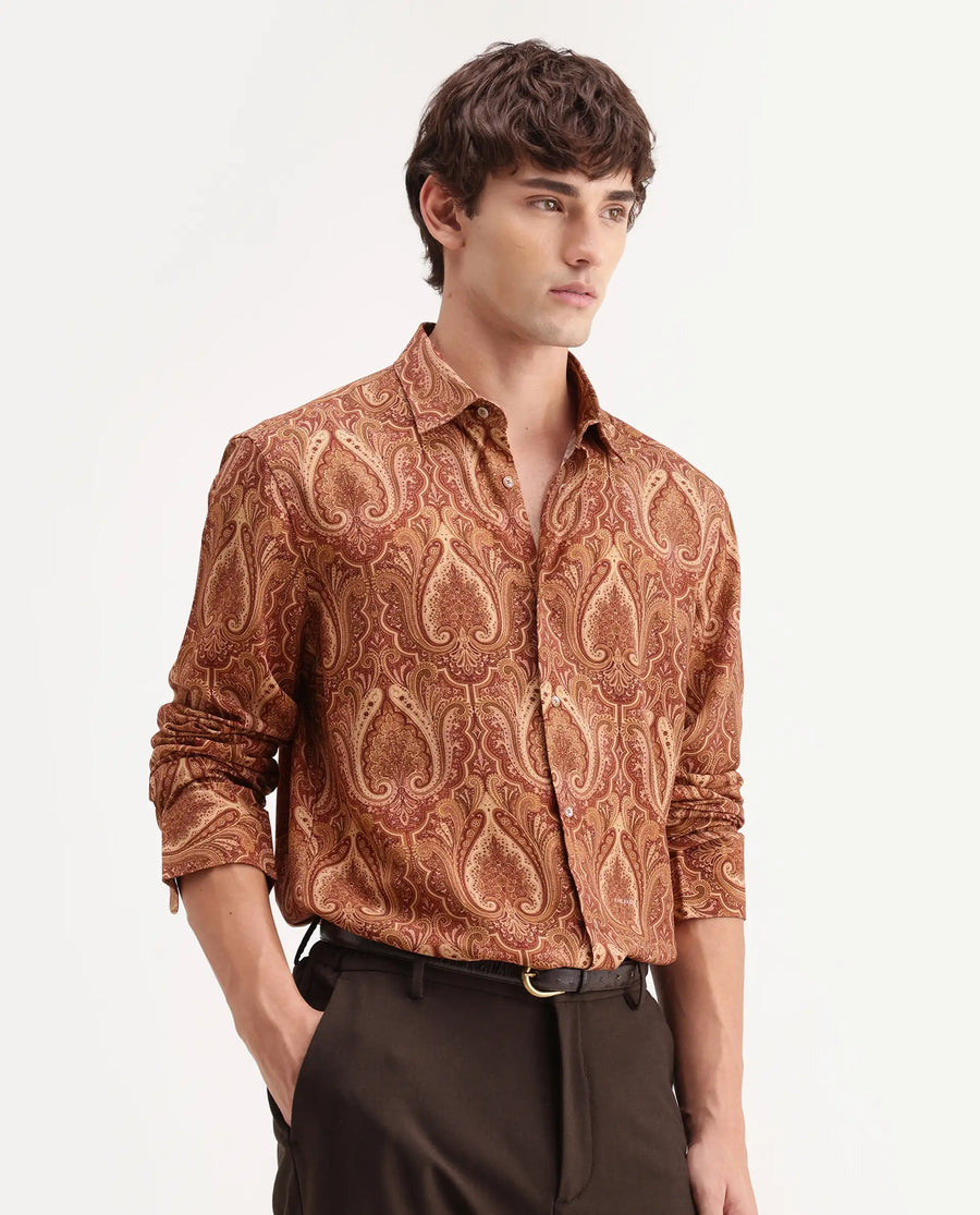 Rare Rabbit Men's Paiz Rust Viscose Fabric Full Sleeve Spread Collar Regular Paisley Print Shirt