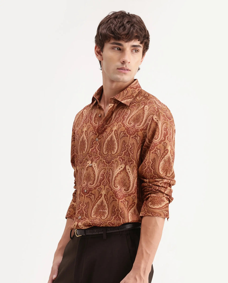 Rare Rabbit Men's Paiz Rust Viscose Fabric Full Sleeve Spread Collar Regular Paisley Print Shirt