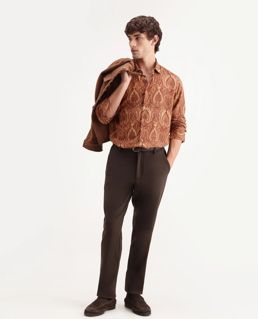 Rare Rabbit Men's Paiz Rust Viscose Fabric Full Sleeve Spread Collar Regular Paisley Print Shirt