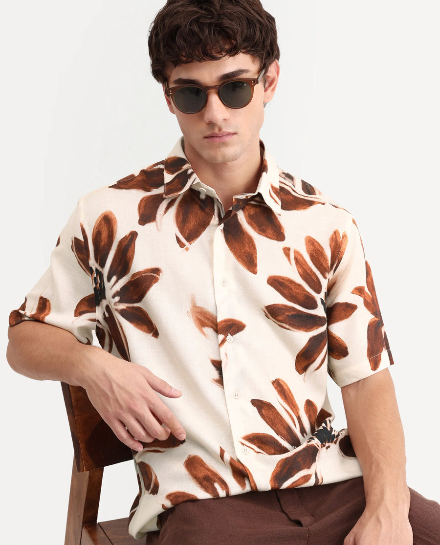 Rare Rabbit Men's Zeno Beige Cotton Blend Fabric Half Sleeve Spread Collar Regular Floral Print Shirt