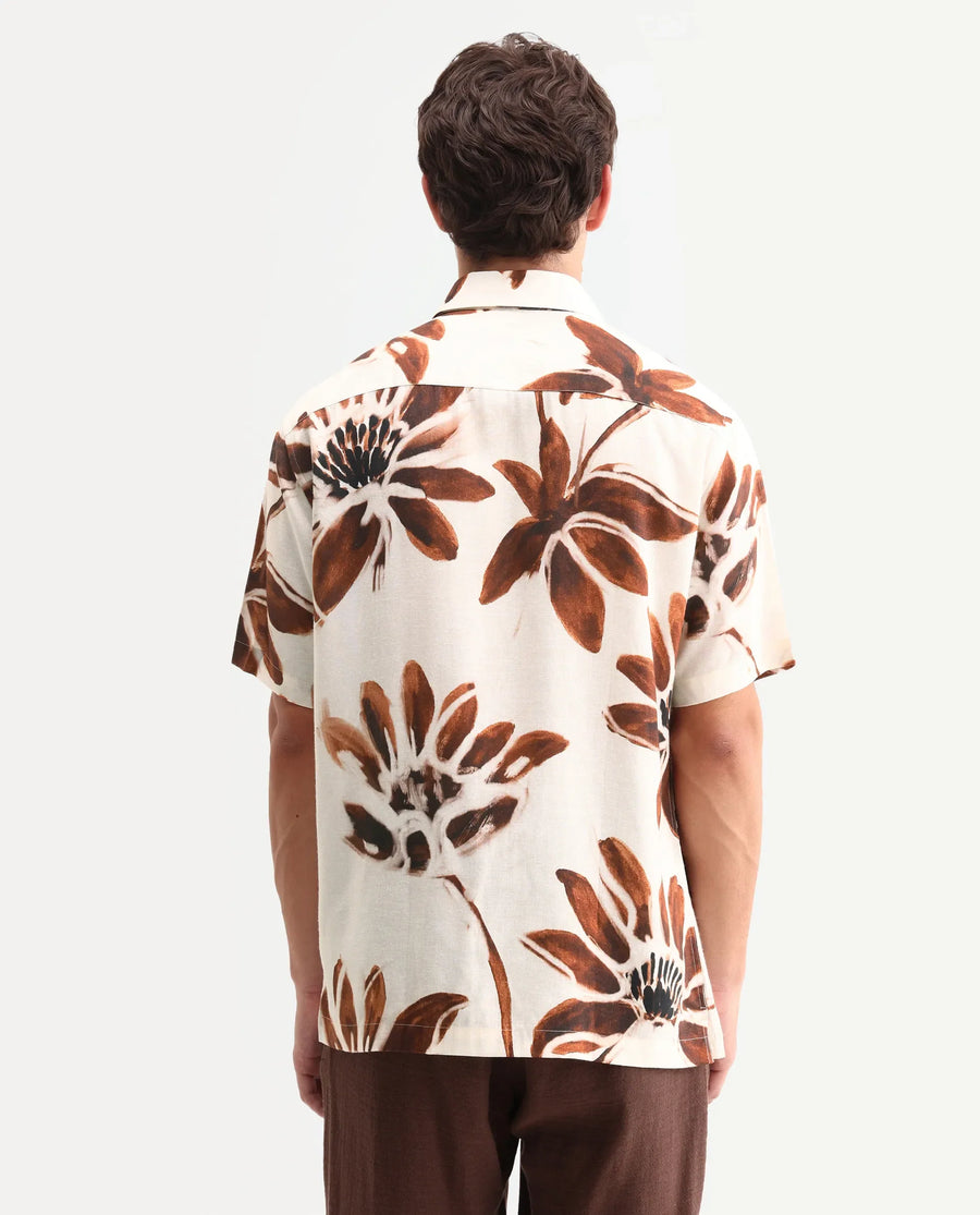 Rare Rabbit Men's Zeno Beige Cotton Blend Fabric Half Sleeve Spread Collar Regular Floral Print Shirt