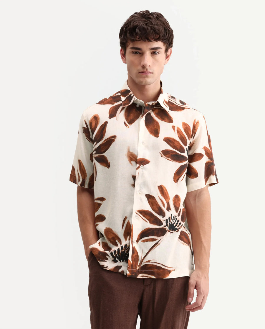Rare Rabbit Men's Zeno Beige Cotton Blend Fabric Half Sleeve Spread Collar Regular Floral Print Shirt