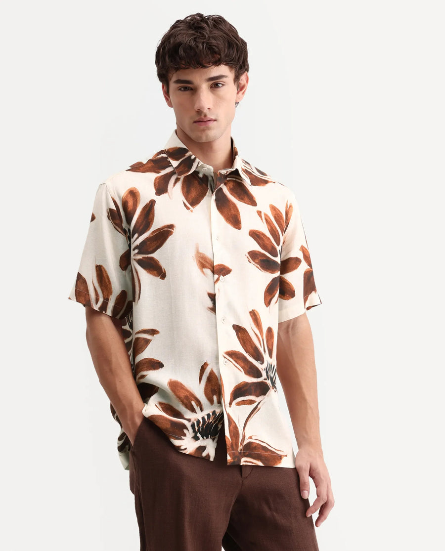 Rare Rabbit Men's Zeno Beige Cotton Blend Fabric Half Sleeve Spread Collar Regular Floral Print Shirt
