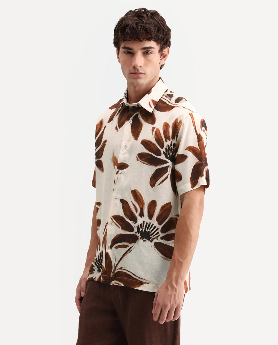 Rare Rabbit Men's Zeno Beige Cotton Blend Fabric Half Sleeve Spread Collar Regular Floral Print Shirt