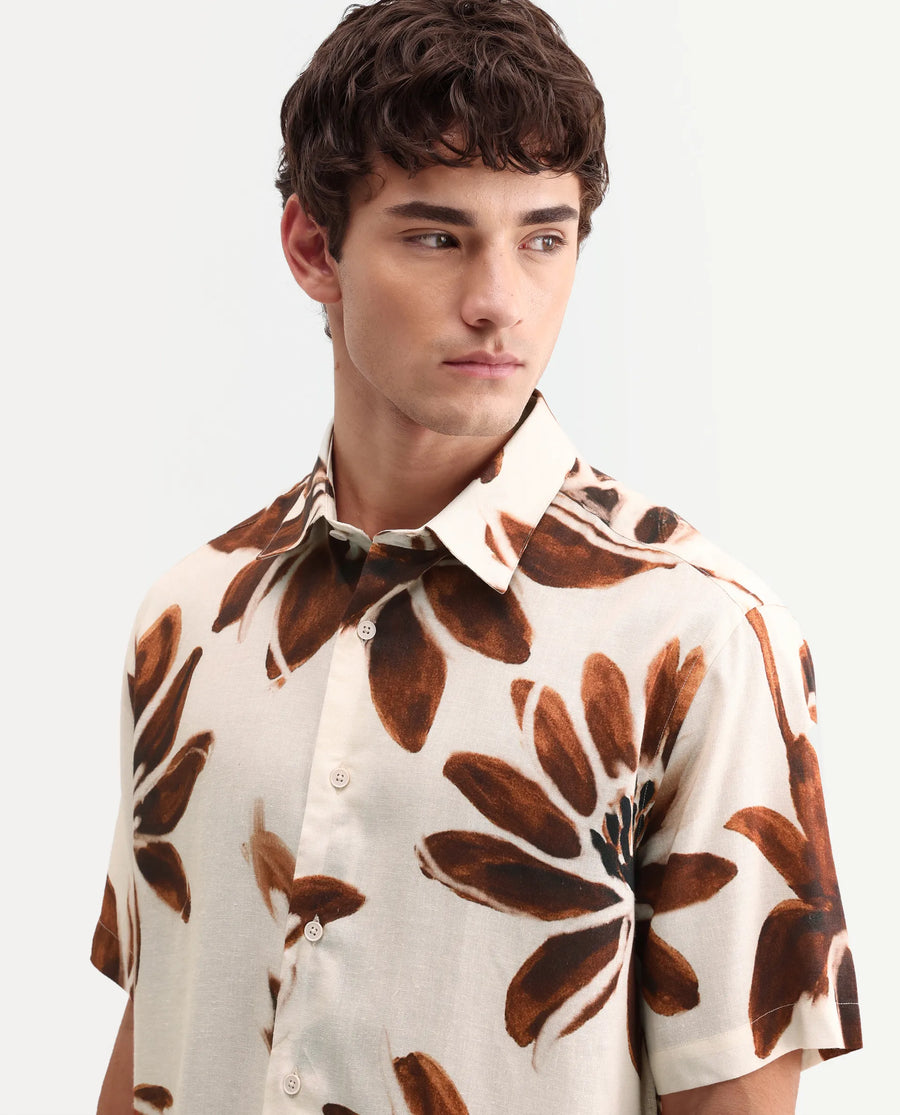 Rare Rabbit Men's Zeno Beige Cotton Blend Fabric Half Sleeve Spread Collar Regular Floral Print Shirt