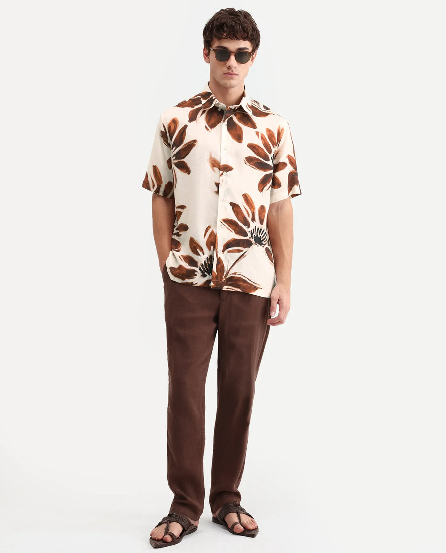 Rare Rabbit Men's Zeno Beige Cotton Blend Fabric Half Sleeve Spread Collar Regular Floral Print Shirt