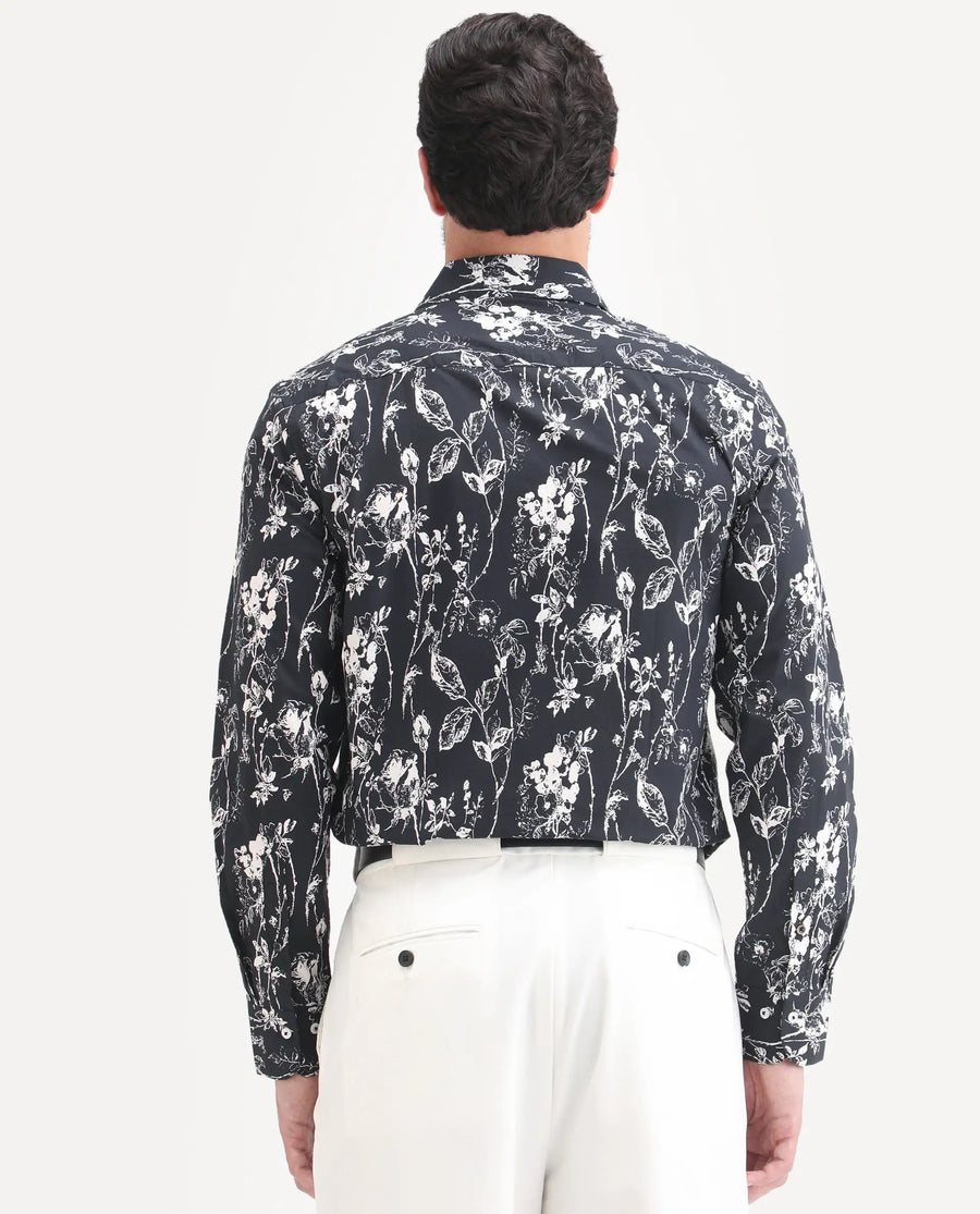 Rare Rabbit Men's Riaz Black Cotton Fabric Full Sleeve Spread Collar Regular Floral Print Shirt