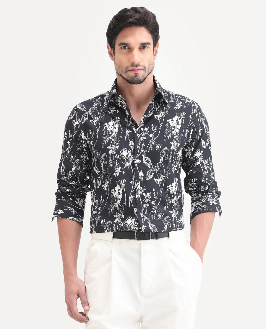 Rare Rabbit Men's Riaz Black Cotton Fabric Full Sleeve Spread Collar Regular Floral Print Shirt