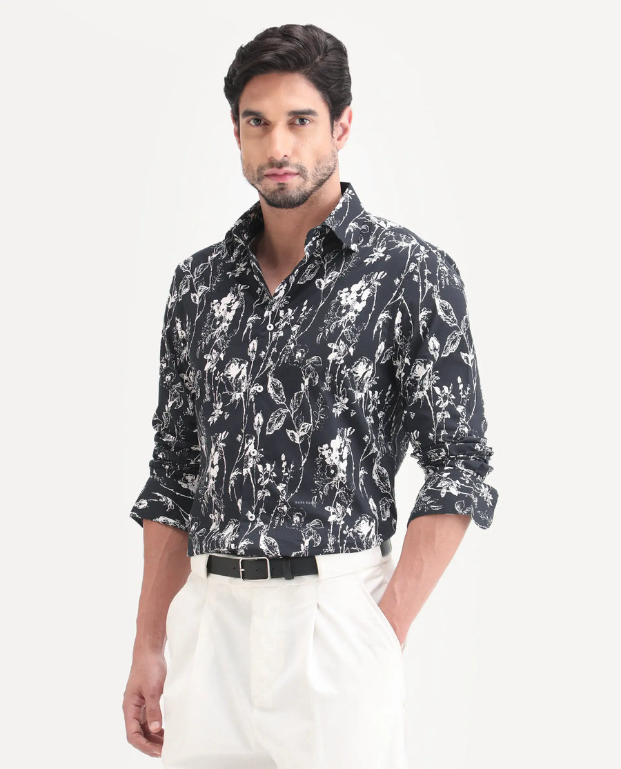 Rare Rabbit Men's Riaz Black Cotton Fabric Full Sleeve Spread Collar Regular Floral Print Shirt