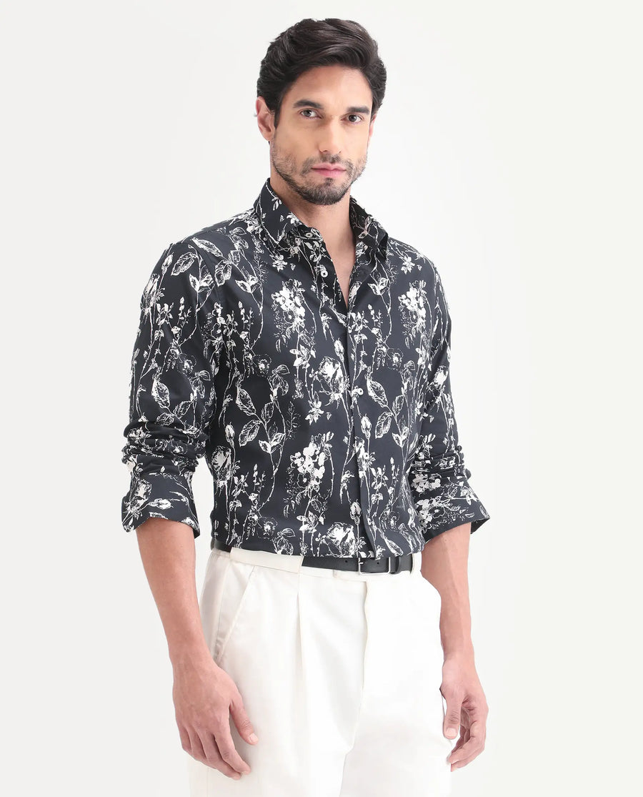 Rare Rabbit Men's Riaz Black Cotton Fabric Full Sleeve Spread Collar Regular Floral Print Shirt