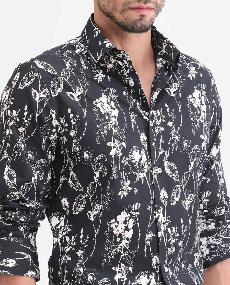 Rare Rabbit Men's Riaz Black Cotton Fabric Full Sleeve Spread Collar Regular Floral Print Shirt