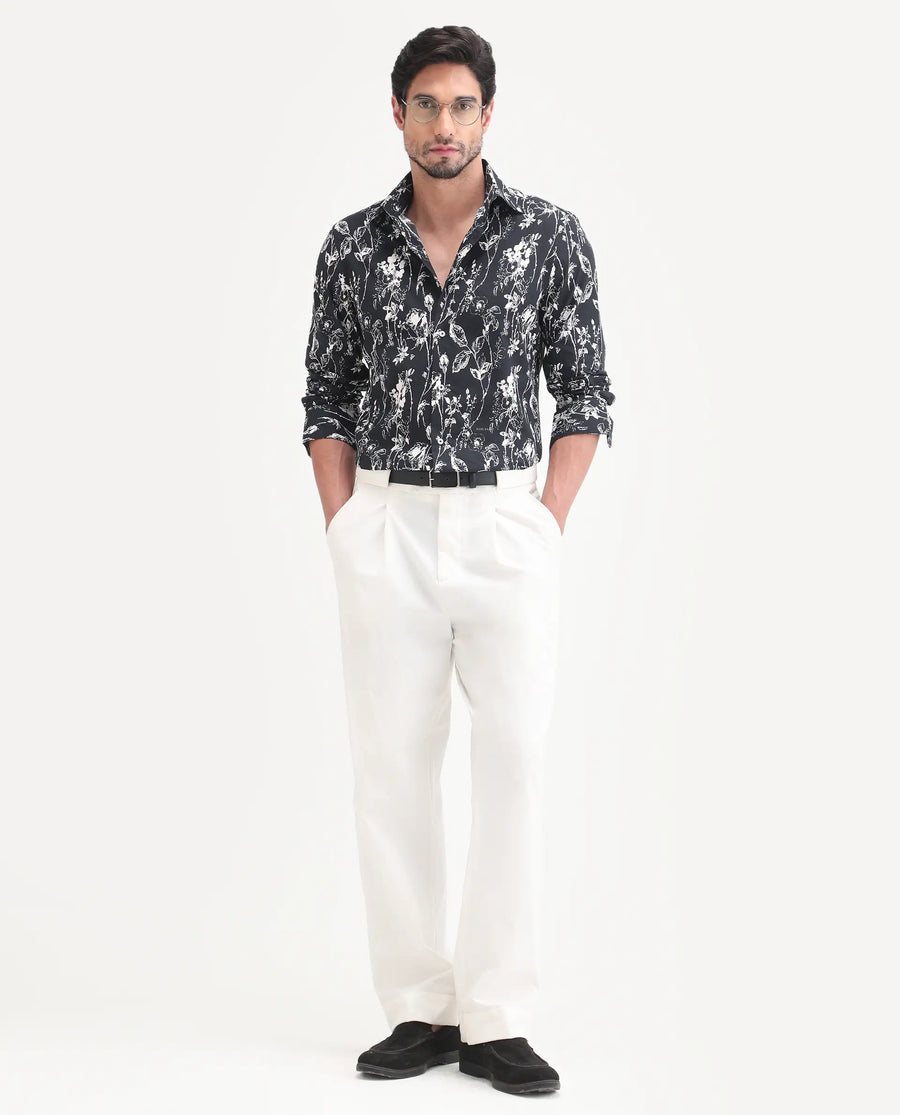 Rare Rabbit Men's Riaz Black Cotton Fabric Full Sleeve Spread Collar Regular Floral Print Shirt