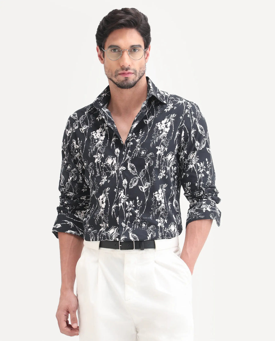 Rare Rabbit Men's Riaz Black Cotton Fabric Full Sleeve Spread Collar Regular Floral Print Shirt