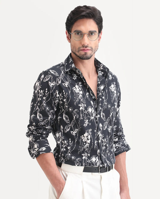 Rare Rabbit Men's Riaz Black Cotton Fabric Full Sleeve Spread Collar Regular Floral Print Shirt