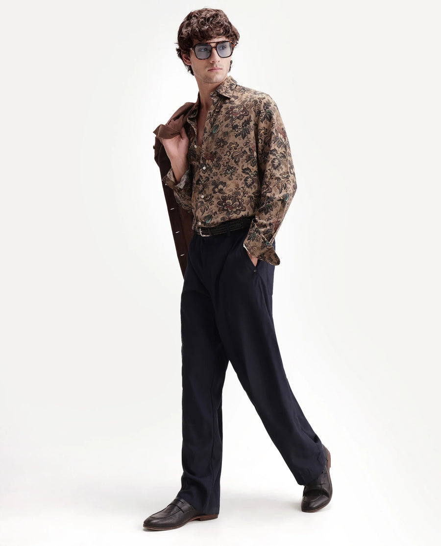 Rare Rabbit Men's Kurn Beige Viscose Fabric Full Sleeve Spread Collar Regular Floral Print Shirt