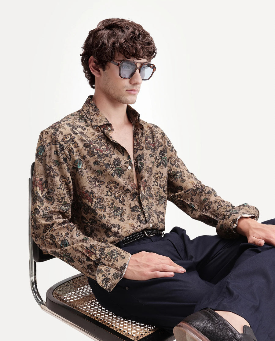 Rare Rabbit Men's Kurn Beige Viscose Fabric Full Sleeve Spread Collar Regular Floral Print Shirt