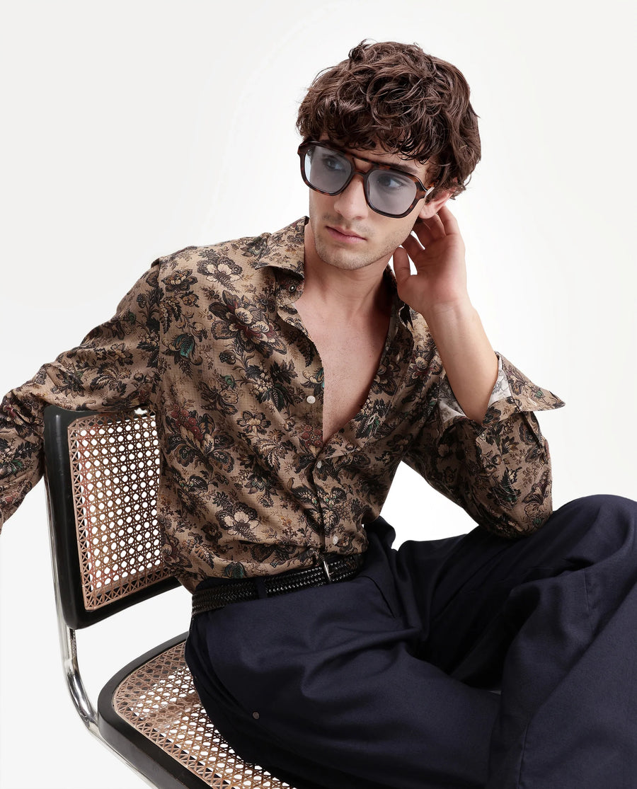 Rare Rabbit Men's Kurn Beige Viscose Fabric Full Sleeve Spread Collar Regular Floral Print Shirt