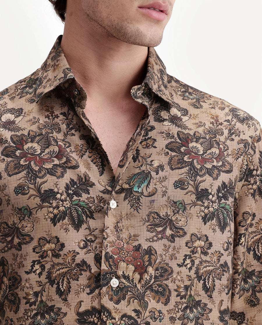 Rare Rabbit Men's Kurn Beige Viscose Fabric Full Sleeve Spread Collar Regular Floral Print Shirt