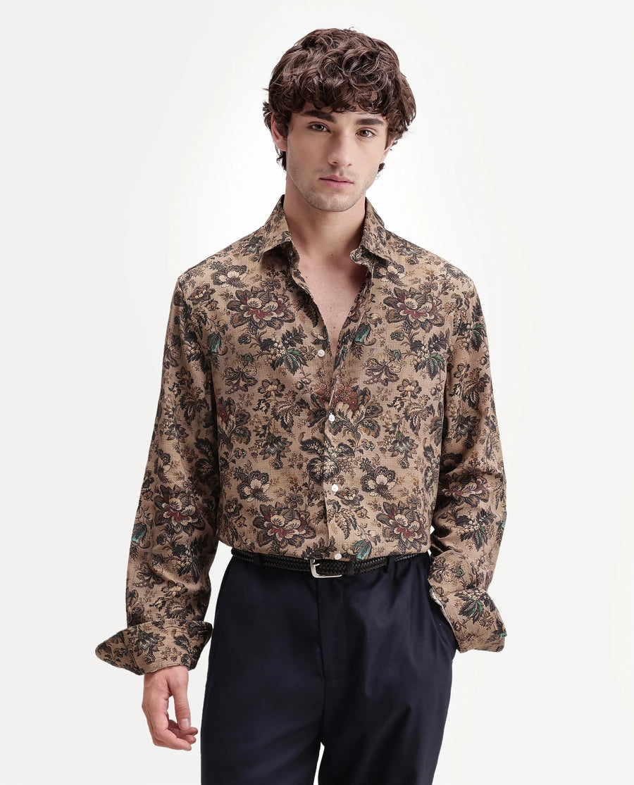 Rare Rabbit Men's Kurn Beige Viscose Fabric Full Sleeve Spread Collar Regular Floral Print Shirt
