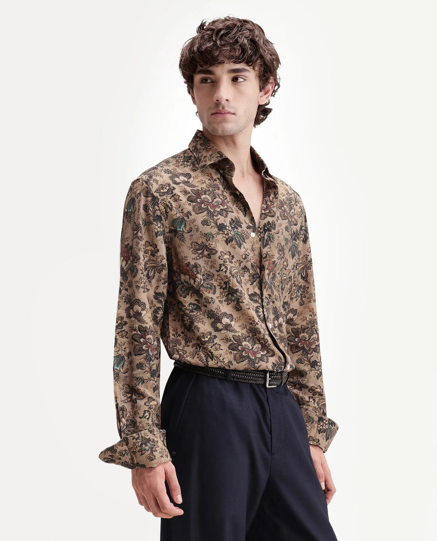 Rare Rabbit Men's Kurn Beige Viscose Fabric Full Sleeve Spread Collar Regular Floral Print Shirt