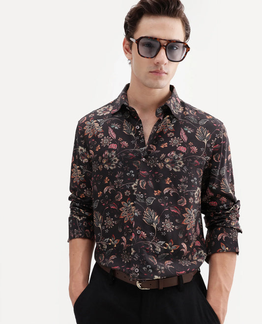 Rare Rabbit Men's Reed Black Viscose Fabric Full Sleeve Spread Collar Regular Floral Print Shirt