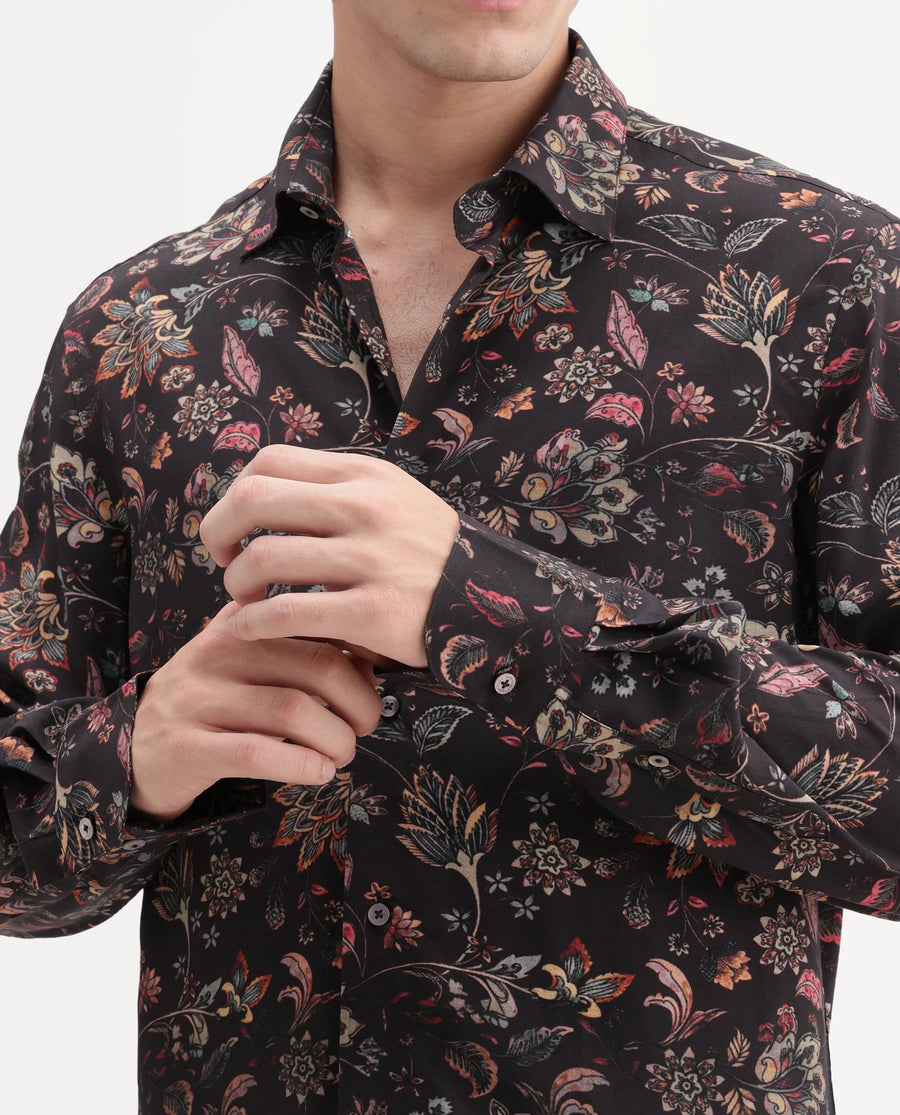 Rare Rabbit Men's Reed Black Viscose Fabric Full Sleeve Spread Collar Regular Floral Print Shirt