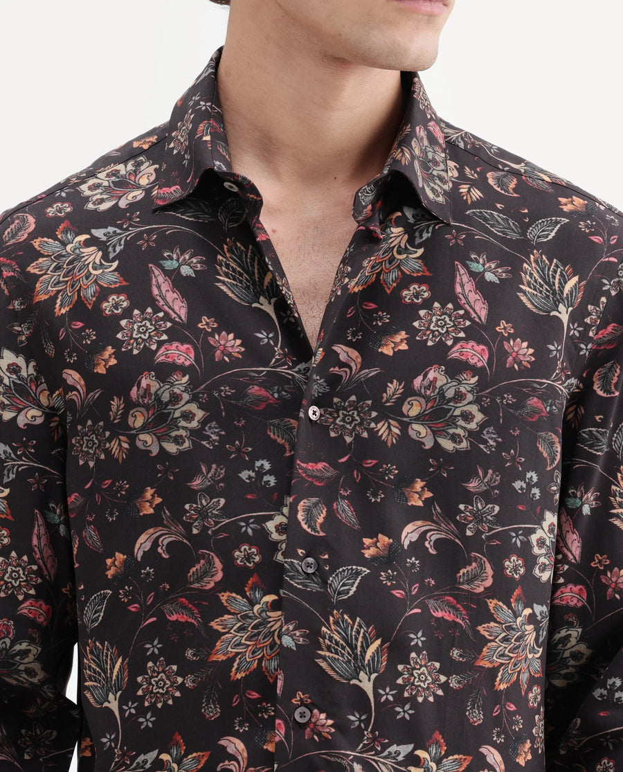Rare Rabbit Men's Reed Black Viscose Fabric Full Sleeve Spread Collar Regular Floral Print Shirt
